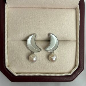Silver moon Pearl Earrings | Sterling Silver Posts | Holiday Gift for Her